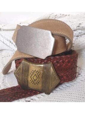 Vintage Suede & Woven Leather Belt Lot Brass Nickel Buckles Morocco Handmade